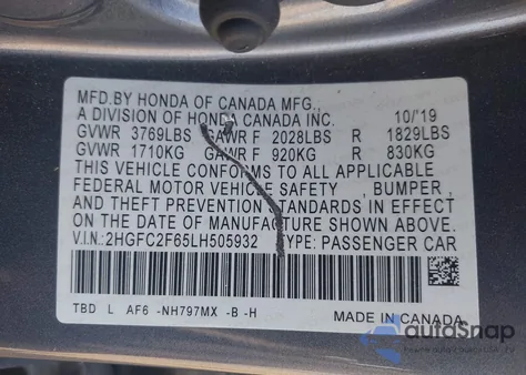 2020 Honda Civic Lx из США, поврежденный, VIN 2HGFC2F65LH505932